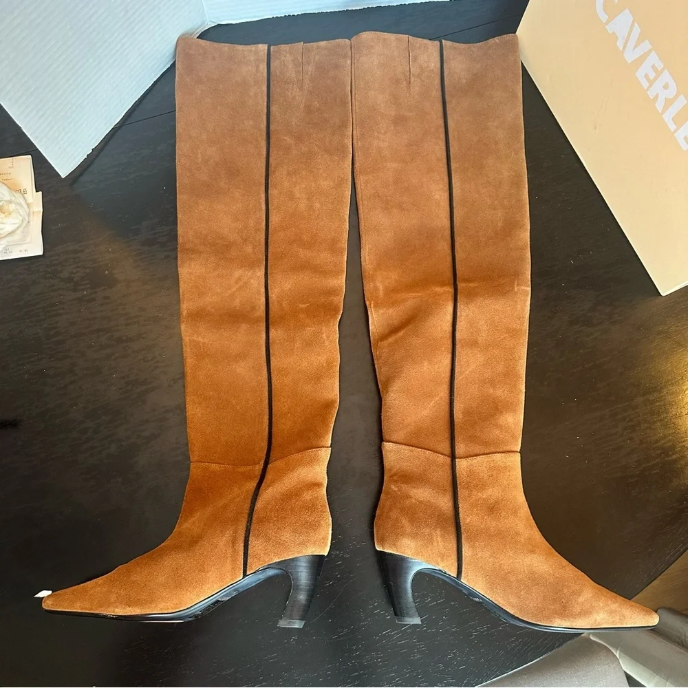 ANTHROPOLOGIE CAVERLEY Morgan Boots Over-the-Knee Camel Suede Kitten Heel NEW - Picture 5 of 12